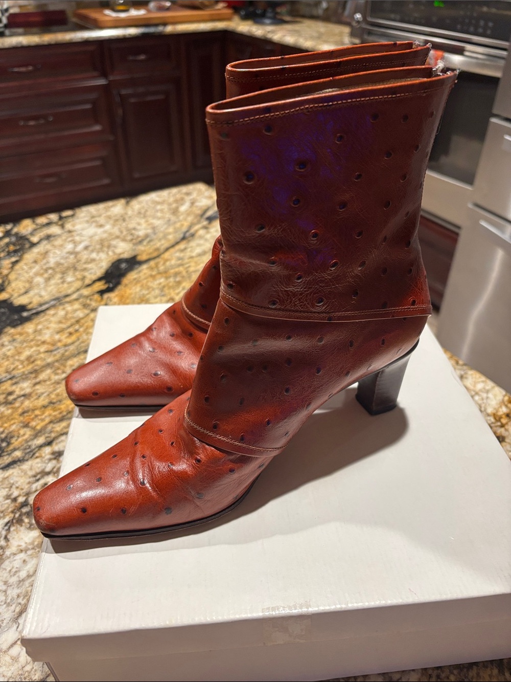 Women's Red Leather Ankle Booties with Perforated Detail